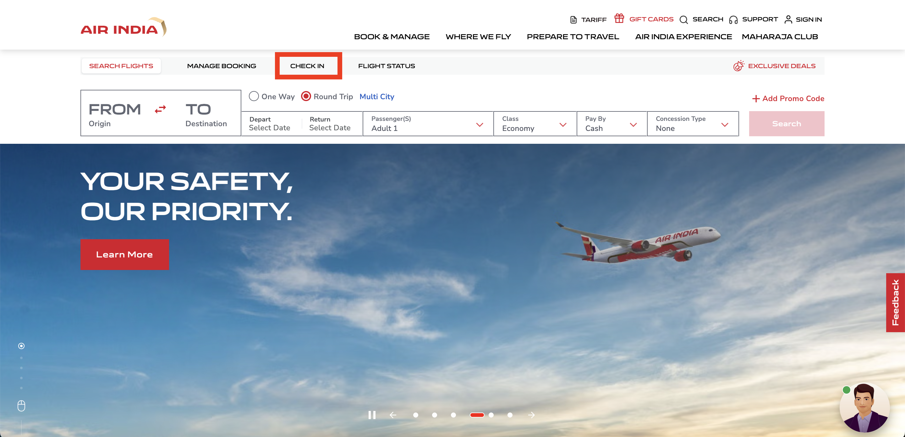 Air India Homepage Check-in Button